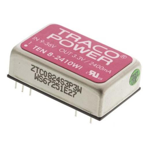 TRACOPOWER Měnič DC/DC TEN 8WI, výstup: 3.3 V dc 1.5 kV dc, Vin 36V dc 2.4 A, Vin 9V 8 W -40 °C 85 °C Montáž na plošný