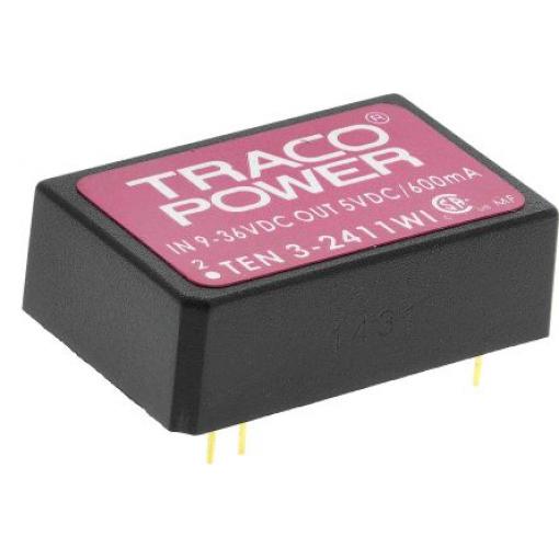 TRACOPOWER Měnič DC/DC TEN 3WI, výstup: 5 V dc 1.5 kV dc, Vin 36V dc 600 mA, Vin 9V 3 W -40 °C 85 °C Průchozí otvor