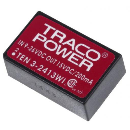 TRACOPOWER Měnič DC/DC TEN 3WI, výstup: 15 V dc 1.5 kV dc, Vin 36V dc 200 mA, Vin 9V 3 W -40 °C 85 °C Průchozí otvor