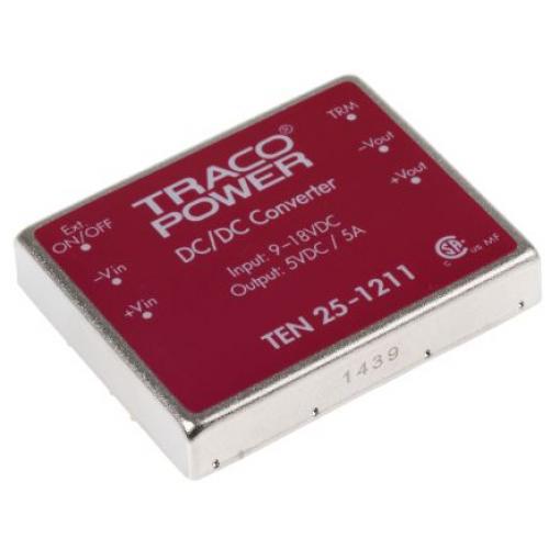 TRACOPOWER Měnič DC/DC TEN 25, výstup: 5 V dc 1.5 kV dc, Vin 18V dc 5 A, Vin 9V 25 W -40 °C 85 °C Montáž na plošný spoj