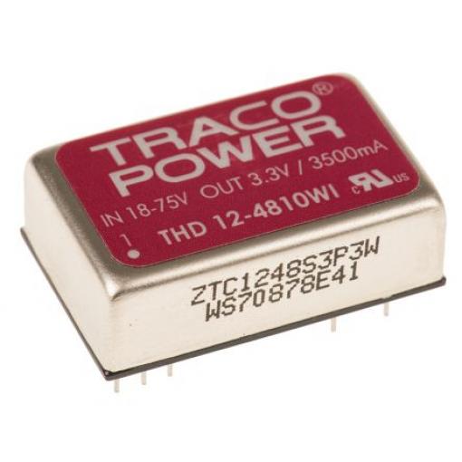 TRACOPOWER Měnič DC/DC THD 12WI, výstup: 3.3 V dc 1.5 kV dc, Vin 75V dc 3.5 A, Vin 18V 12 W -40 °C 85 °C Průchozí otvor