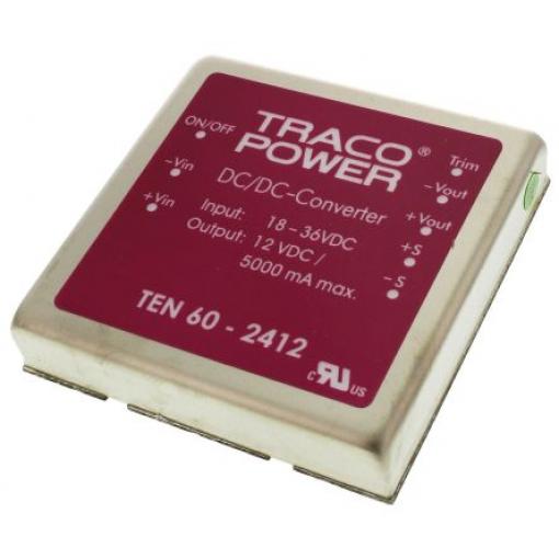 TRACOPOWER Měnič DC/DC TEN 60, výstup: 12 V dc 1.6 kV dc, Vin 36V dc 5 A, Vin 18V 60 W -40 °C 75 °C Montáž na plošný