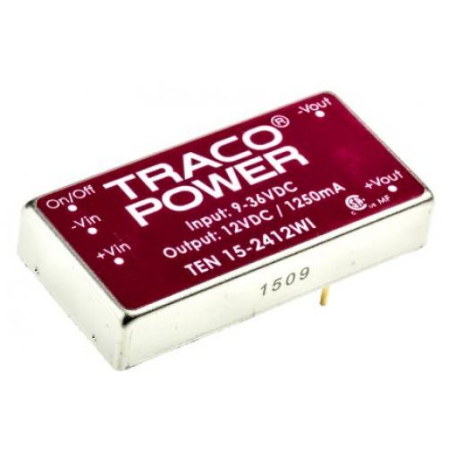 TRACOPOWER Měnič DC/DC TEN 15WI, výstup: 12 V dc 1.5 kV dc, Vin 36V dc 1.25 A, Vin 9V 15 W -40 °C 85 °C Montáž na plošný
