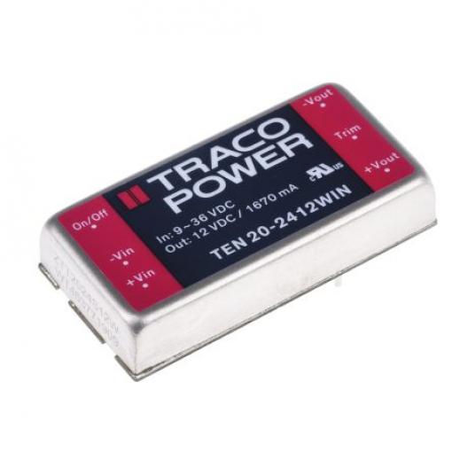 TRACOPOWER Měnič DC/DC TEN 20WIN, výstup: 12 V dc 1.5 kV dc, Vin 36V dc 1670 mA, Vin 9V 20 W -40 °C 85 °C Montáž na
