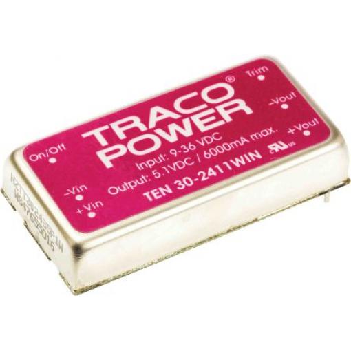 TRACOPOWER Měnič DC/DC TEN 30WIN, výstup: 5.1 V 1.5 kV dc, Vin 36V dc 6 A, Vin 9V 30 W -40 °C 75 °C Montáž na plošný