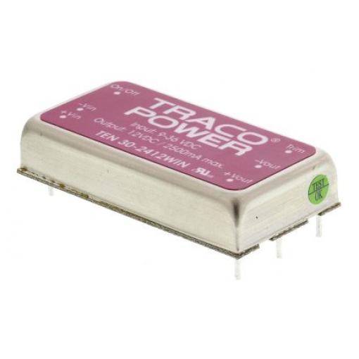 TRACOPOWER Měnič DC/DC TEN 30WIN, výstup: 12 V dc 1.5 kV dc, Vin 36V dc 2.5 A, Vin 9V 30 W -40 °C 75 °C Montáž na plošný
