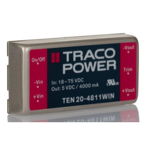 TRACOPOWER Měnič DC/DC TEN 20WIN, výstup: 5 V dc 1.5 kV dc, Vin 75V dc 4 A, Vin 18V 20 W -40 °C 85 °C Montáž na plošný