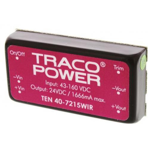 TRACOPOWER Měnič DC/DC TEN 40WIR, výstup: 24 V dc 1.6 kV dc, Vin 160V dc 1666 mA, Vin 43V 40 W -40 °C 85 °C Montáž na