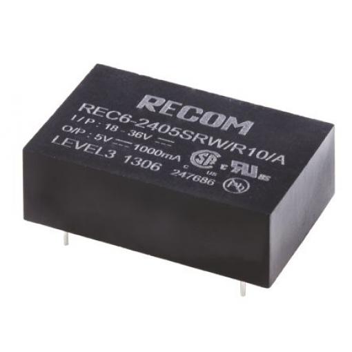 Recom Měnič DC/DC REC6, výstup: 5 V dc 10 kV dc, Vin 36V dc 1 A, Vin 18V 6 W -40 °C 75 °C Průchozí otvor