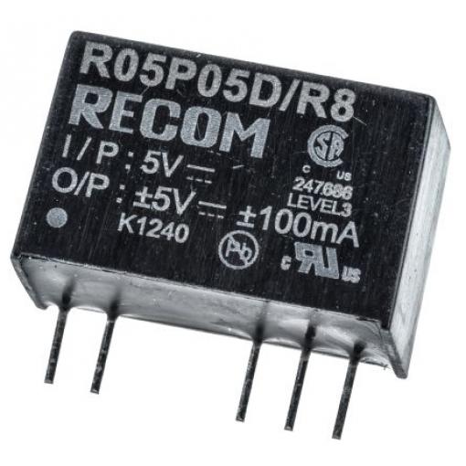 Recom Měnič DC/DC R05P, výstup: 5 V dc 8 kV dc, Vin 5.5V dc 100 mA, Vin 4.5V 1 W -40 °C 85 °C Průchozí otvor