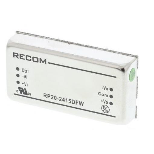 Recom Měnič DC/DC RP20 FW, výstup: ±15 V dc 1.6 kV dc, Vin 24V dc 667 mA, Vin 9V 20 W -40 °C 105 °C Průchozí otvor