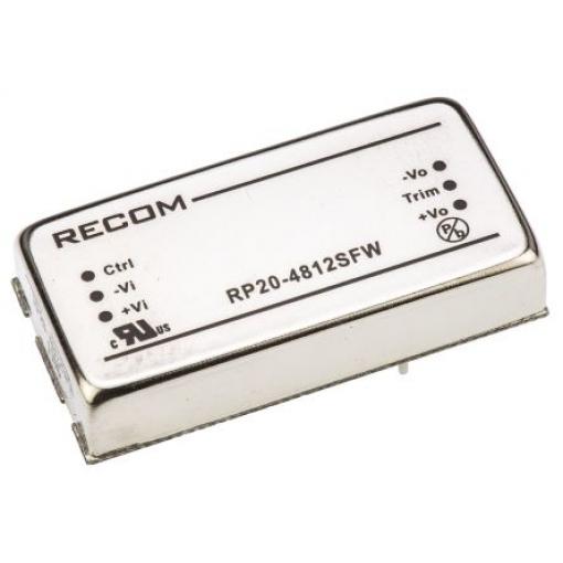 Recom Měnič DC/DC RP20 FW, výstup: 12 V dc 1.6 kV dc, Vin 48V dc 1.67 A, Vin 18V 20 W -40 °C 105 °C Průchozí otvor