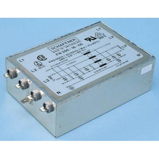 Filtr EMI, řada: FN356, 2.2 nF, 440V ac, 60 Hz, Montáž na rám, Jazýček, 16 A, počet fází: 3, 0.43 mA, Schaffner, 1, 7 W,