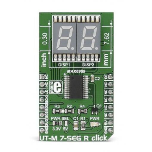 Deska displeje MIKROE-2746 Deska mikroBus Click MikroElektronika UT-M 7-SEG R Click 7segmentový displej DSM7UA30101,