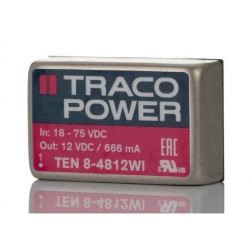 TRACOPOWER Měnič DC/DC TEN 8WI, výstup: 12 V dc 1.5 kV dc, Vin 75V dc 666 mA, Vin 18V 8 W -40 °C 85 °C Průchozí otvor