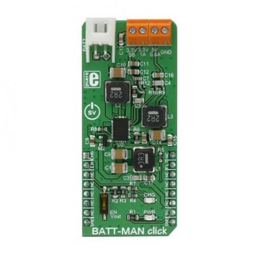 Vývojová sada pro řízení napájení BATT-MAN Click Nabíječka baterií MikroElektronika LTC3586, pro použití s: Přenosná