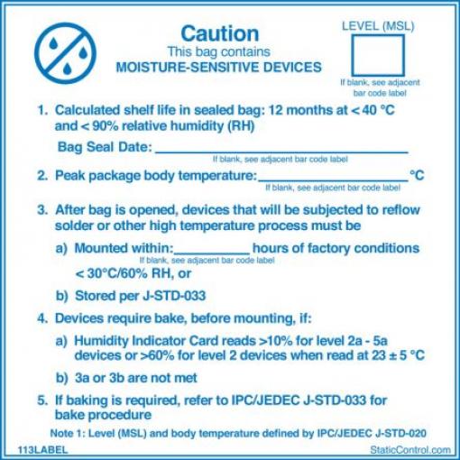 Označení, Modrá Vyhovuje normě EN 61340-5-1 Moisture Sensitive Caution Label SCS
