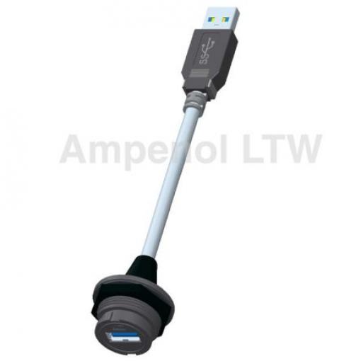 Amphenol Industrial Konektor USB, řada: UA, počet portů: 1portový, orientace těla: Rovný USB typu A, 100 V, Kabel USB