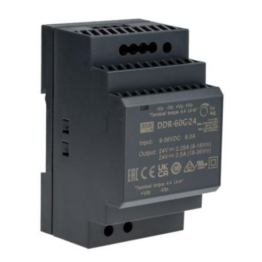 MEAN WELL Měnič DC/DC DDR-60, výstup: 24 V dc, Vin 36V dc, Vin 9V dc 12 A Lišta DIN -40 °C 85 °C