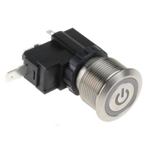 RS PRO Tlačítkový spínač IP67 SPST Panel Blokování Osvětlené 22.2 mm 26 A, barva LED: Bílá 250 V ac