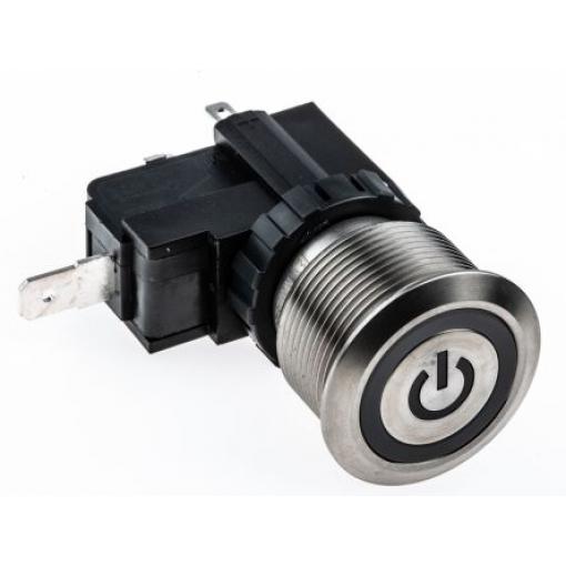 RS PRO Tlačítkový spínač, řada: MW22 IP67 SPST Panel Blokování Osvětlené 22.2 mm 26 A, barva LED: Bílá 250 V ac