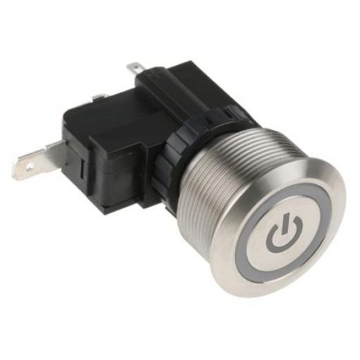 RS PRO Tlačítkový spínač IP67 SPST Panel Blokování Osvětlené 25.2 mm 26 A, barva LED: Bílá 250 V ac