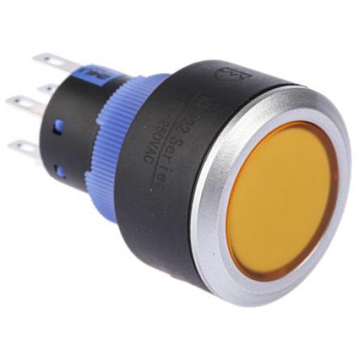 RS PRO Tlačítkový spínač, řada: KPB22 IP65 DPDT Panel Okamžité Osvětlené 22.2 mm 5 A, barva LED: Žlutá 36 V dc 250 V ac