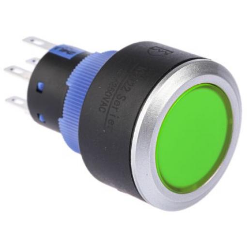 RS PRO Tlačítkový spínač, řada: KPB22 IP65 DPDT Panel Okamžité Osvětlené 22.2 mm 5 A, barva LED: Zelená 36 V dc 250 V ac