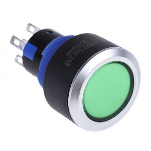 RS PRO Tlačítkový spínač, řada: KPB22 IP65 SPDT Panel Okamžité Osvětlené 22.2 mm 5 A, barva LED: Zelená 36 V dc 250 V ac