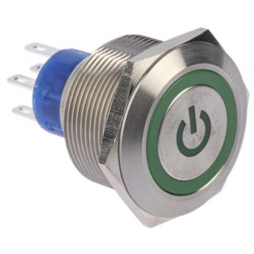 RS PRO Tlačítkový spínač, řada: MPB25 IP67 DPDT Panel Okamžité Osvětlené 25.2 mm 5 A, barva LED: Zelená 36 V