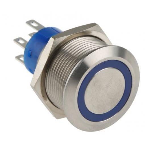 RS PRO Tlačítkový spínač, řada: MPB22 IP67 DPDT Panel Okamžité Osvětlené 22.2 mm 5 A, barva LED: Modrá 12 V dc 250 V ac