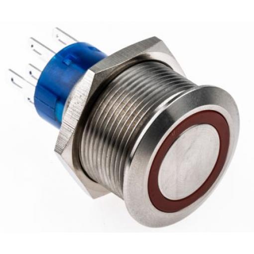 RS PRO Tlačítkový spínač, řada: MPB22 IP67 DPDT Panel Okamžité Osvětlené 22.2 mm 5 A, barva LED: Červená 12 V dc 250 V