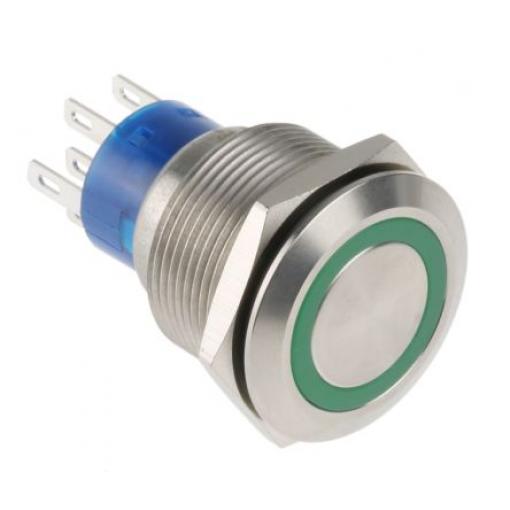 RS PRO Tlačítkový spínač, řada: MPB22 IP67 DPDT Panel Okamžité Osvětlené 22.2 mm 5 A, barva LED: Zelená 12 V dc 250 V ac