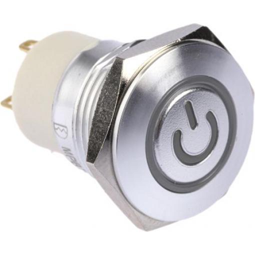 RS PRO Tlačítkový spínač, řada: MPB16 IP67 SPST Panel Blokování Osvětlené 16 mm 2 A, barva LED: Modrá 36 V dc