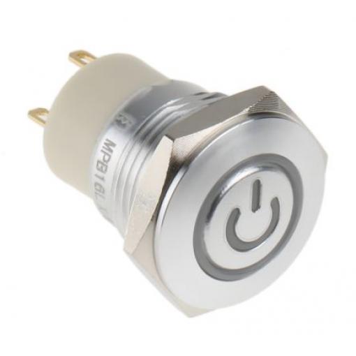 RS PRO Tlačítkový spínač, řada: MPB16 IP67 SPST Panel Blokování Osvětlené 16 mm 2 A, barva LED: Modrá 36 V dc