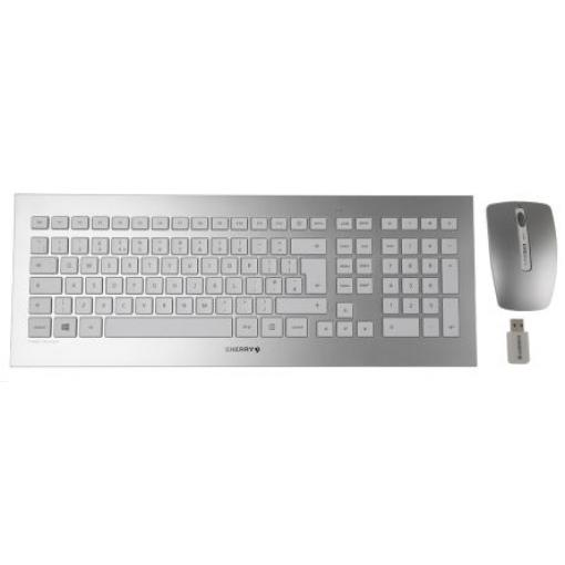 Sada klávesnice a myši, Stříbrná Bezdrátová QWERTY (Velká Británie) Standardní, USB Cherry