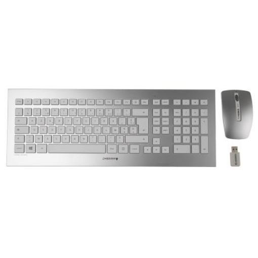Sada klávesnice a myši, Stříbrná Bezdrátová AZERTY Standardní, USB Cherry