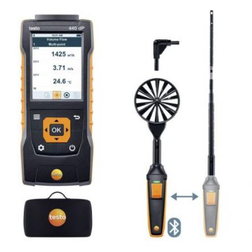 Testo Anemometr Vlhkost, Rychlost vzduchu, Objemový průtok, Diferenční tlak, Teplota, číslo modelu: 440 dP Air Flow