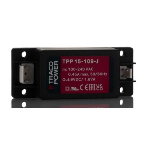 Spínaný napájecí zdroj, počet výstupů: 1 TPP 15-109-J 9V dc Šasi 15 W TPP 15 TRACOPOWER 264V ac