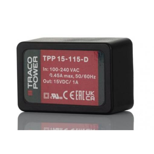 Spínaný napájecí zdroj, počet výstupů: 1 TPP 15-115-D 15V dc Montáž na plošný spoj 15 W TPP 15-D TRACOPOWER 264V ac
