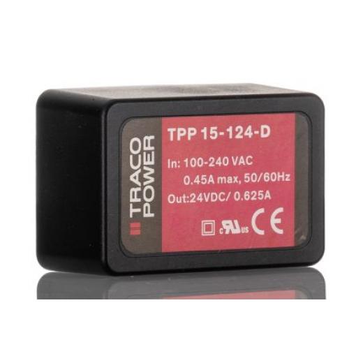 Spínaný napájecí zdroj, počet výstupů: 1 TPP 15-124-D 24V dc Montáž na plošný spoj 15 W TPP 15 TRACOPOWER 264V ac