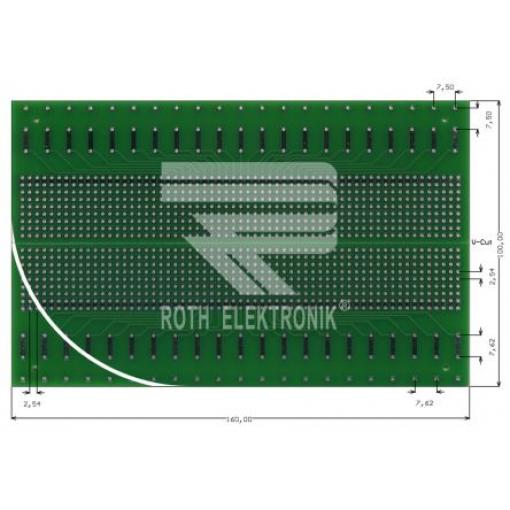 Eurocard RE660-LF, oboustranná FR4 s 7 x 37 1.1mm otvory, rozteč 2.54 x 2.54mm 160 x 100 x 1.5mm