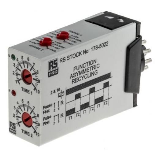 RS PRO Časovací relé, řada: UNI DPDT 11kontaktové 12 to 250 V dc 12 V ac, 240 V ac 2 funkce 11 kolíků 0.1 s to 100 Days