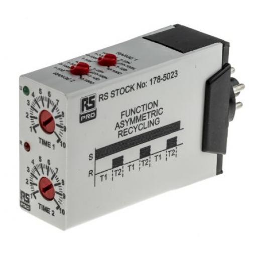 RS PRO Časovací relé, řada: UNI DPDT 8kontaktové 12 to 250 V dc 12 V ac, 240 V ac 1 funkce 8 kolíků 0.1 s to 10 Days
