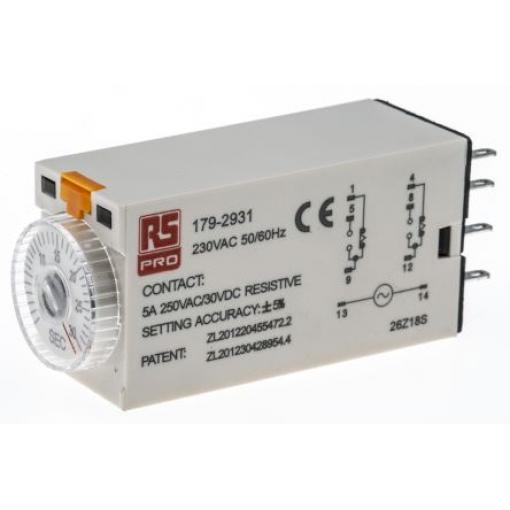 RS PRO Časovací relé, řada: TKB DPDT 2kontaktové 230 V ac 1 funkce 8 kolíků 1 to 30 s