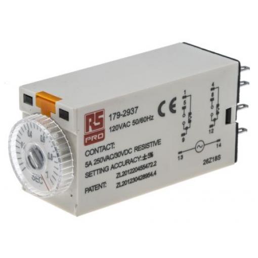 RS PRO Časovací relé Zásuvná montáž DPDT 2kontaktové 110 V ac 1 funkce 8 kolíků 0.1 s, 1 s