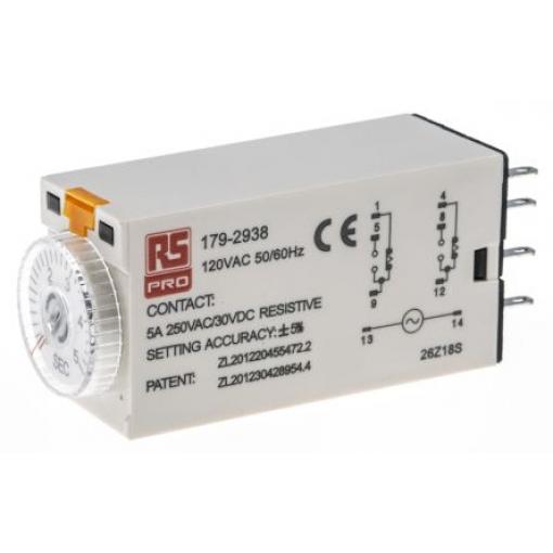 RS PRO Časovací relé, řada: RS PRO Plug‑In Timer Relay Zásuvná montáž DPDT 2kontaktové 110 V ac 1 funkce 8 kolíků 0.2 s,