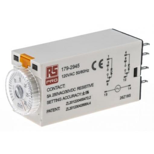 RS PRO Časovací relé, řada: TKB DPDT 2kontaktové 110 V ac 1 funkce 8 kolíků 1 to 30 min