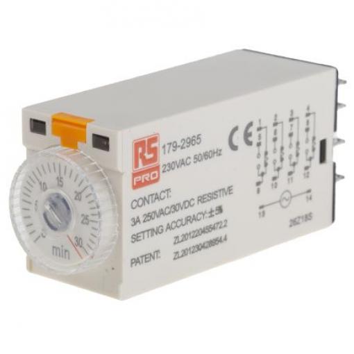 RS PRO Časovací relé Zásuvná montáž 4PDT 4kontaktové 230 V ac 1 funkce 14 kolíkový 1 min, 30 min