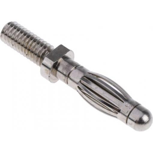 Schutzinger Banánek, 4 mm, 33 V ac, 70V dc, 32A, Stříbrná, Vnější Závit M4, materiál kontaktu: Slitina berylia a mědi,